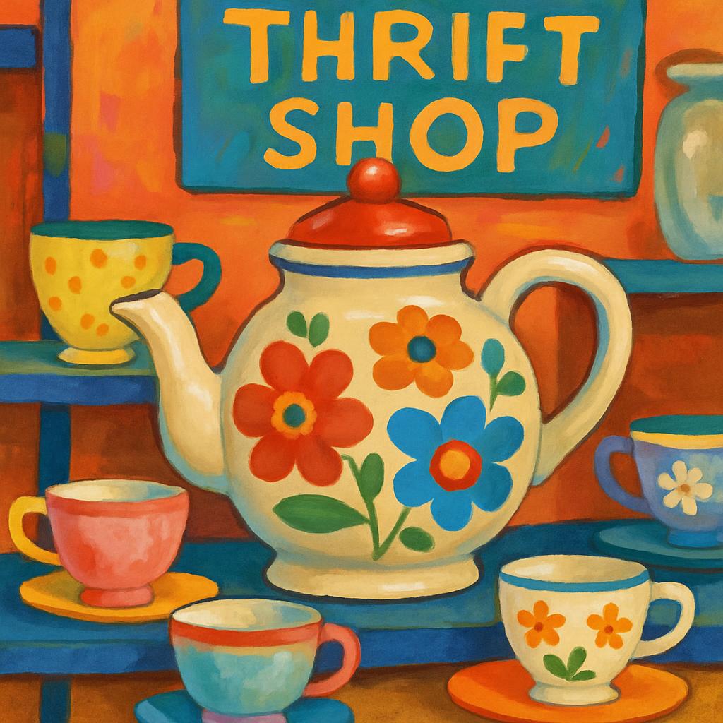 A painting of a shelf of thrifted cups and teapots, with a sign for "Thrift Shop" behind them. The cups are brightly color...