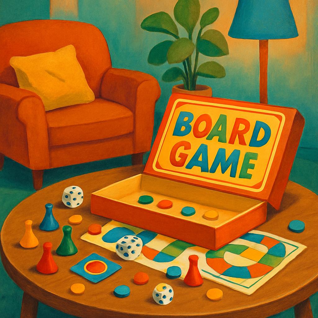 "Colorful board game equipment and a potted plant on a circular wooden table with an orange armchair"