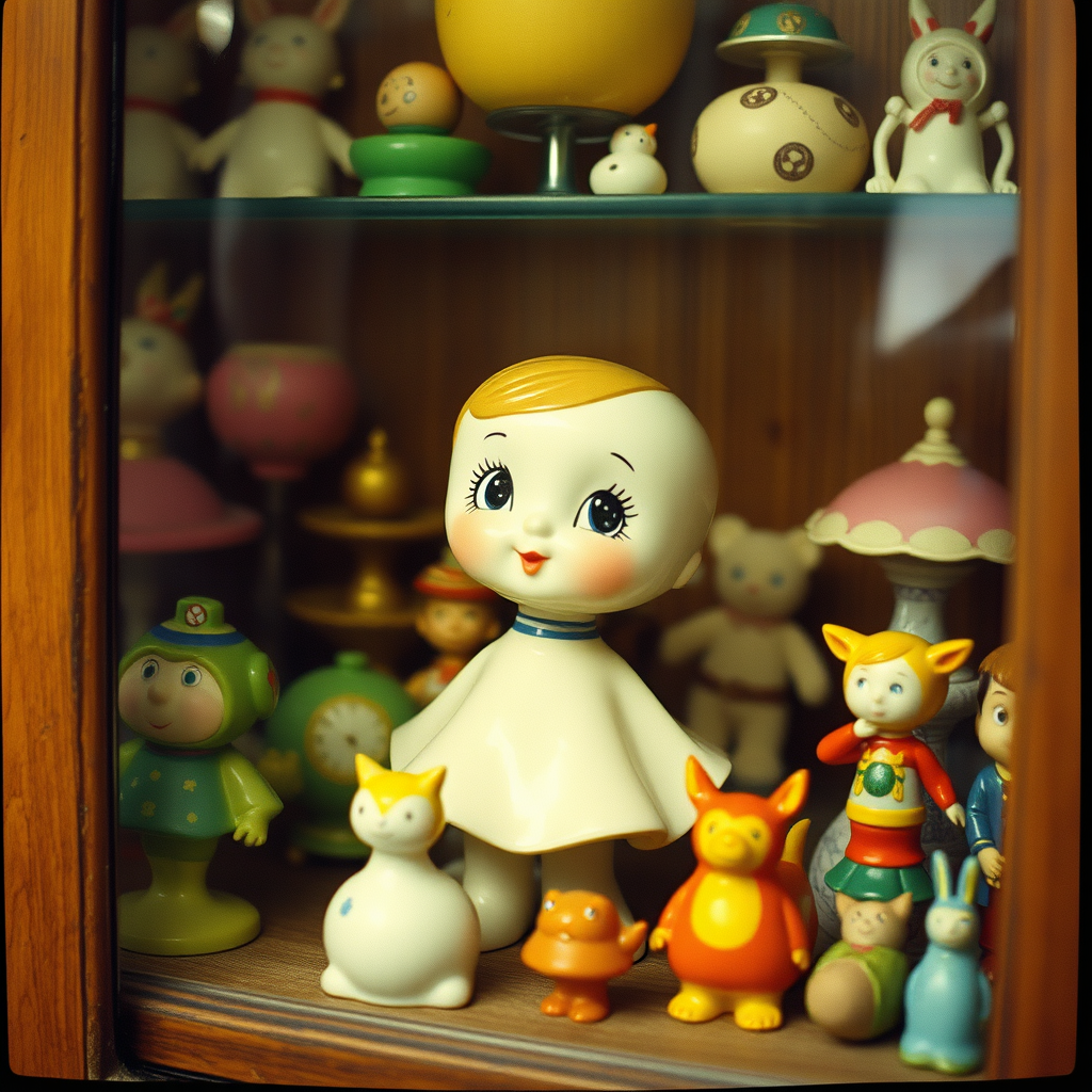 A close-up shot of a glass cabinet filled with vintage ceramic toys in various shapes and colors, displayed on shelves wit...